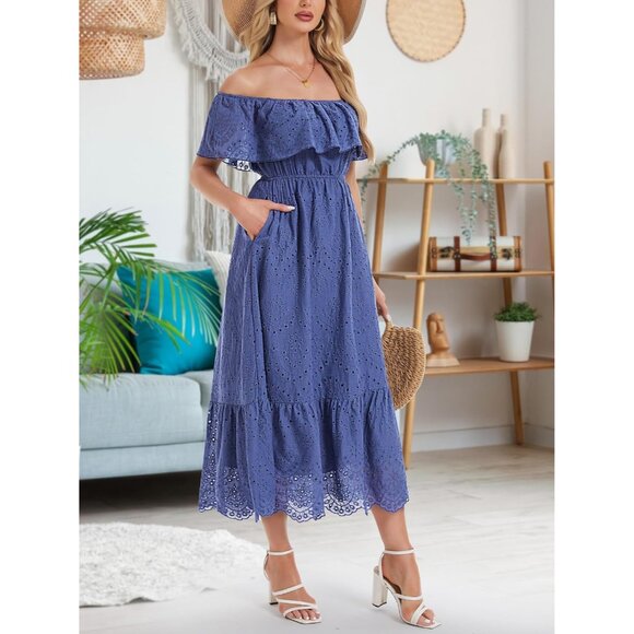 Women's Cotton Midi Dress Off-Shoulder Ruffle High Waist A-Line Casual - Picture 3 of 6